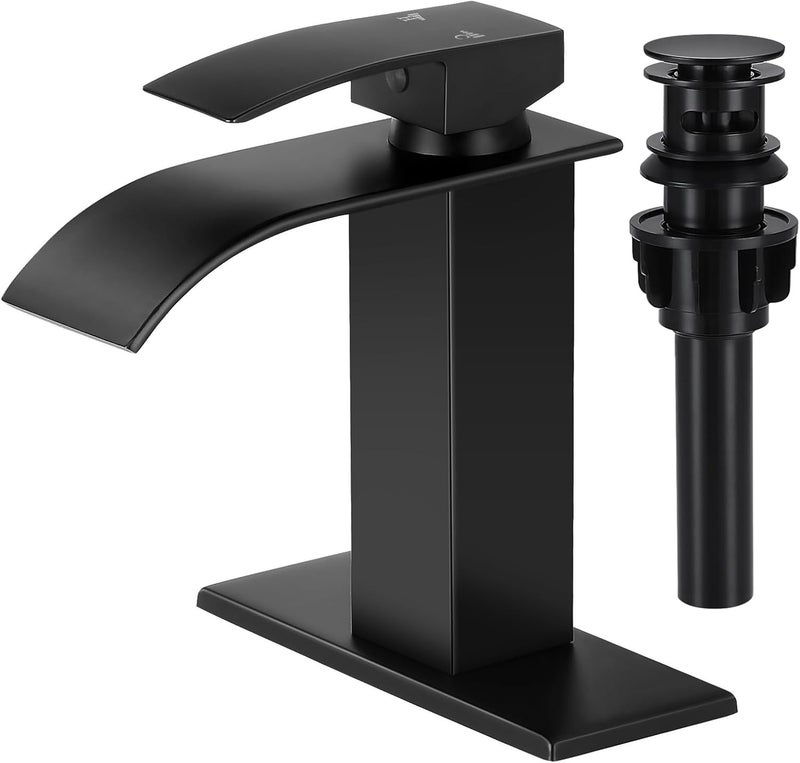 LUFG Bathroom Faucets Matte Black Waterfall Bathroom Sink Faucet Modern Single Handle Bathroom Faucet for 1 or 3 Hole Mxier Tap Washbasin Faucet with Deck, Pop-up Drain and Supply Hoses - Image 1